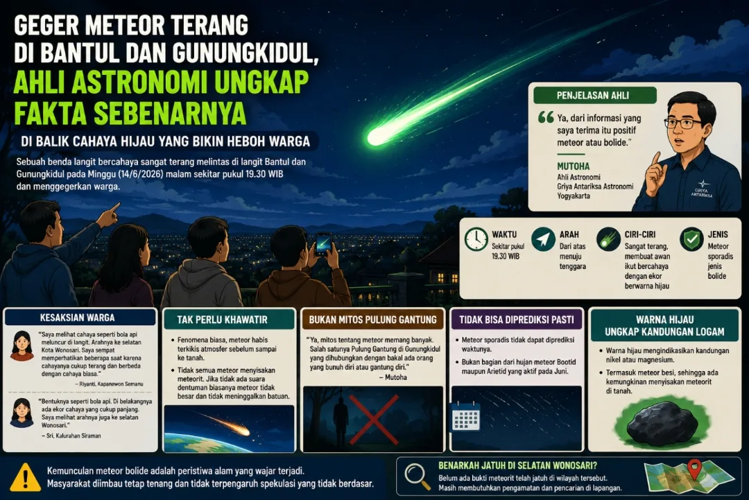 Geger Cahaya Hijau Terang di Langit Bantul-Gunungkidul, Ahli Astronomi Jelaskan Meteor Jenis Bolide Masuki Atmosfer Bumi